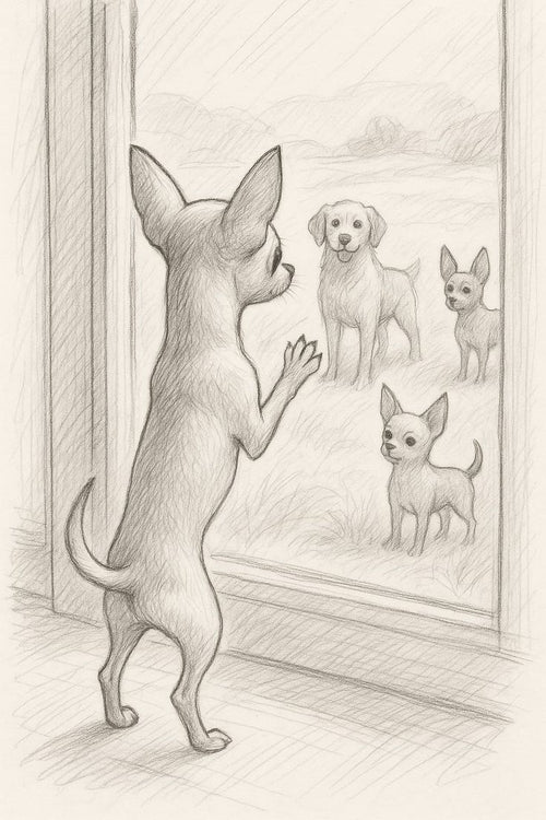 A pencil drawing of a small dog standing by a window watching other dogs play outside.