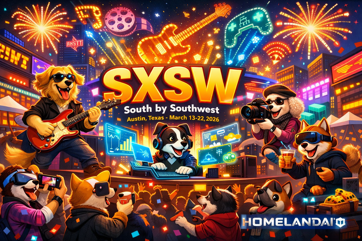 Bright, high-energy animated poster of SXSW in Austin, Texas, featuring anthropomorphic dogs performing music, filming content, gaming, and showcasing technology with neon city lights, fireworks, and festival crowds.