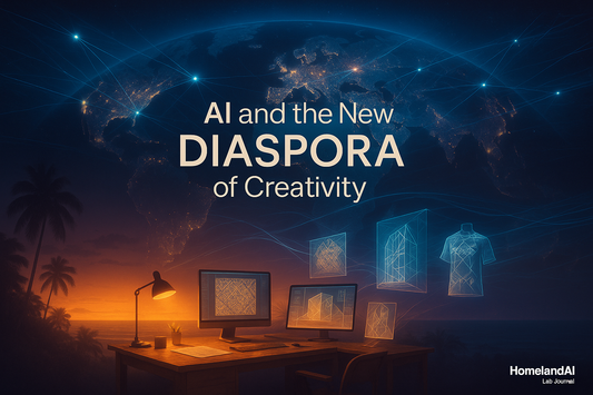 A surreal visualization showing a creative studio space dissolving into a global network of connected creators, representing AI-enabled borderless collaboration"