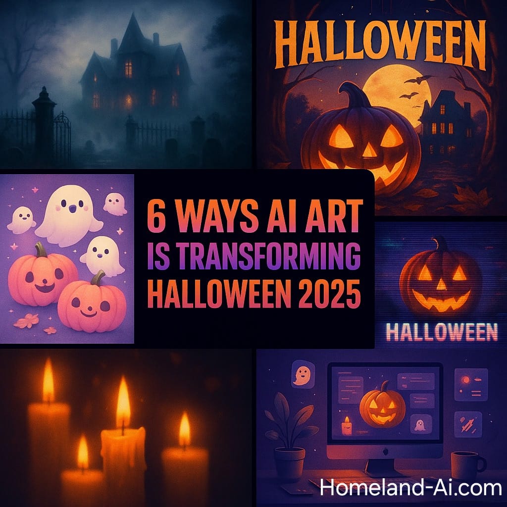AI-generated Halloween 2025 art trends collage featuring cinematic horror mansion, retro VHS aesthetic, kawaii pastel pumpkins, and animated digital effects for blog cover