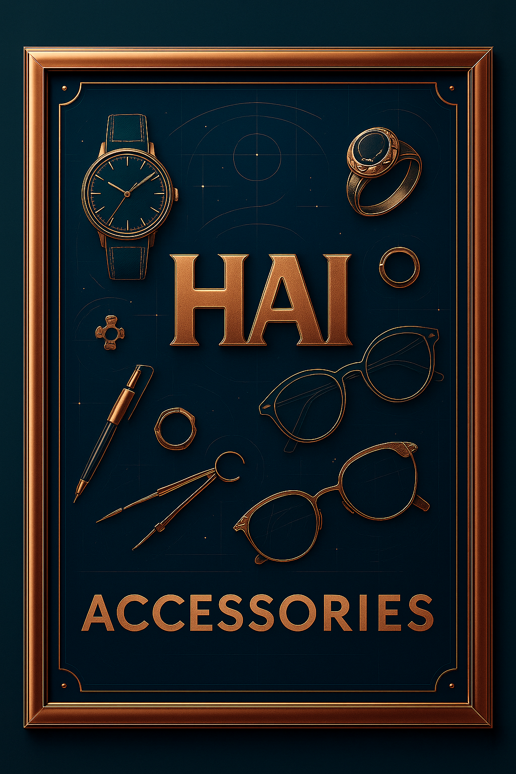 Stylized bronze-on-navy poster displaying watches, rings, eyeglasses, and drafting tools arranged around the word “HAI Accessories” in elegant embossed lettering.