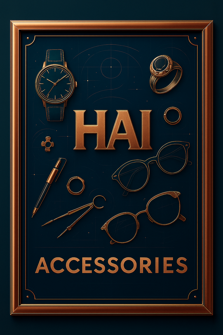 Stylized bronze-on-navy poster displaying watches, rings, eyeglasses, and drafting tools arranged around the word “HAI Accessories” in elegant embossed lettering.