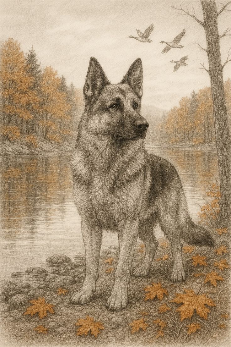 Illustration of a German Shepherd standing by a lake with trees and birds in the background