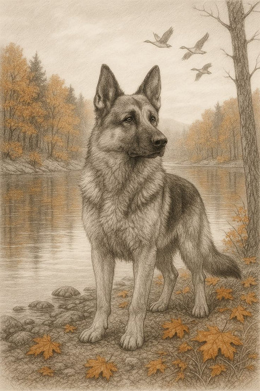 Illustration of a German Shepherd standing by a lake with trees and birds in the background