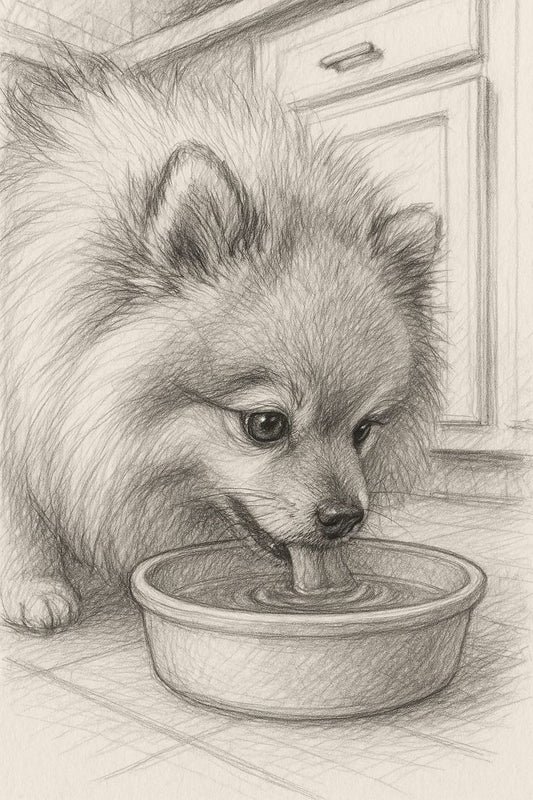 A pencil sketch of a fluffy dog gently drinking from a water bowl in a kitchen setting.