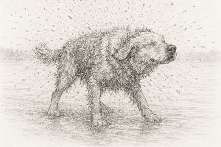 A pencil sketch of a wet dog shaking off water, droplets radiating outward in every direction.