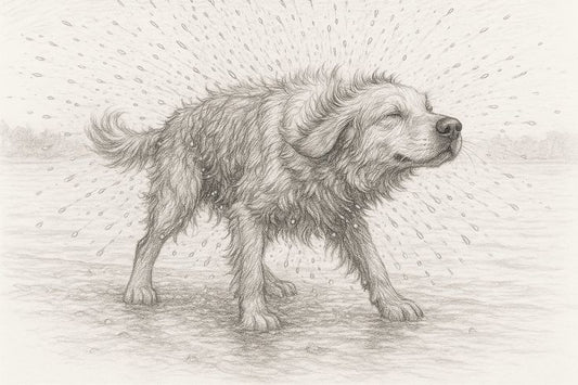 A pencil sketch of a wet dog shaking off water, droplets radiating outward in every direction.