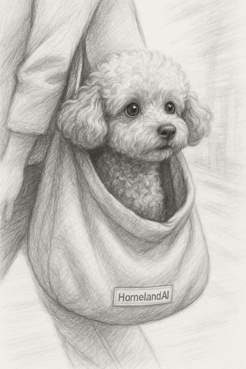 A pencil drawing of a curly-haired dog sitting inside a tote bag labeled “HomelandAI,” being carried by its owner.