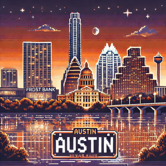8-bit style Austin skyline at sunset, featuring the Texas Capitol and modern skyscrapers reflected in the river.