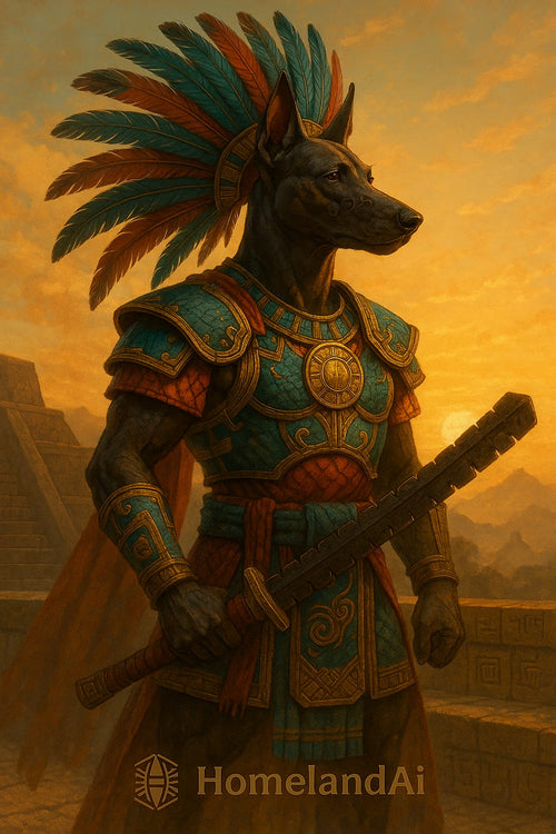 Warrior dog with armor and headdress against a desert landscape, 'HomelandAi' logo visible