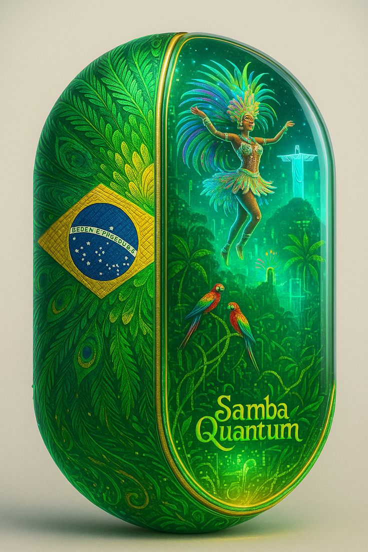 Green and gold decorative item with Brazilian flag, dancer, and parrots on a white background
