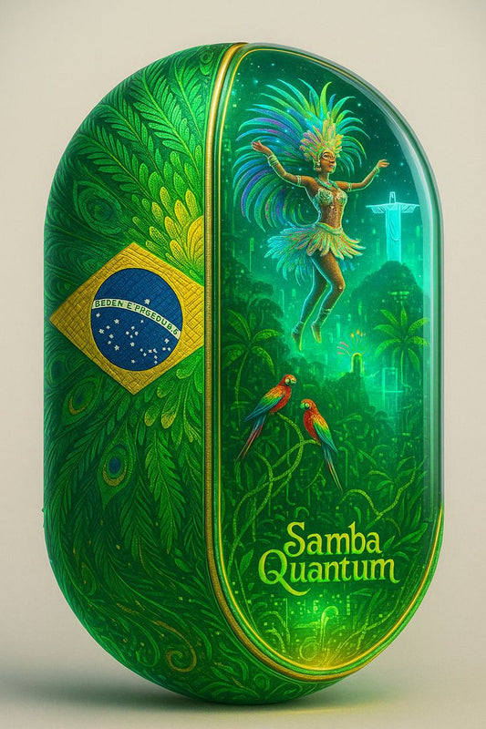 Green and gold decorative item with Brazilian flag, dancer, and parrots on a white background