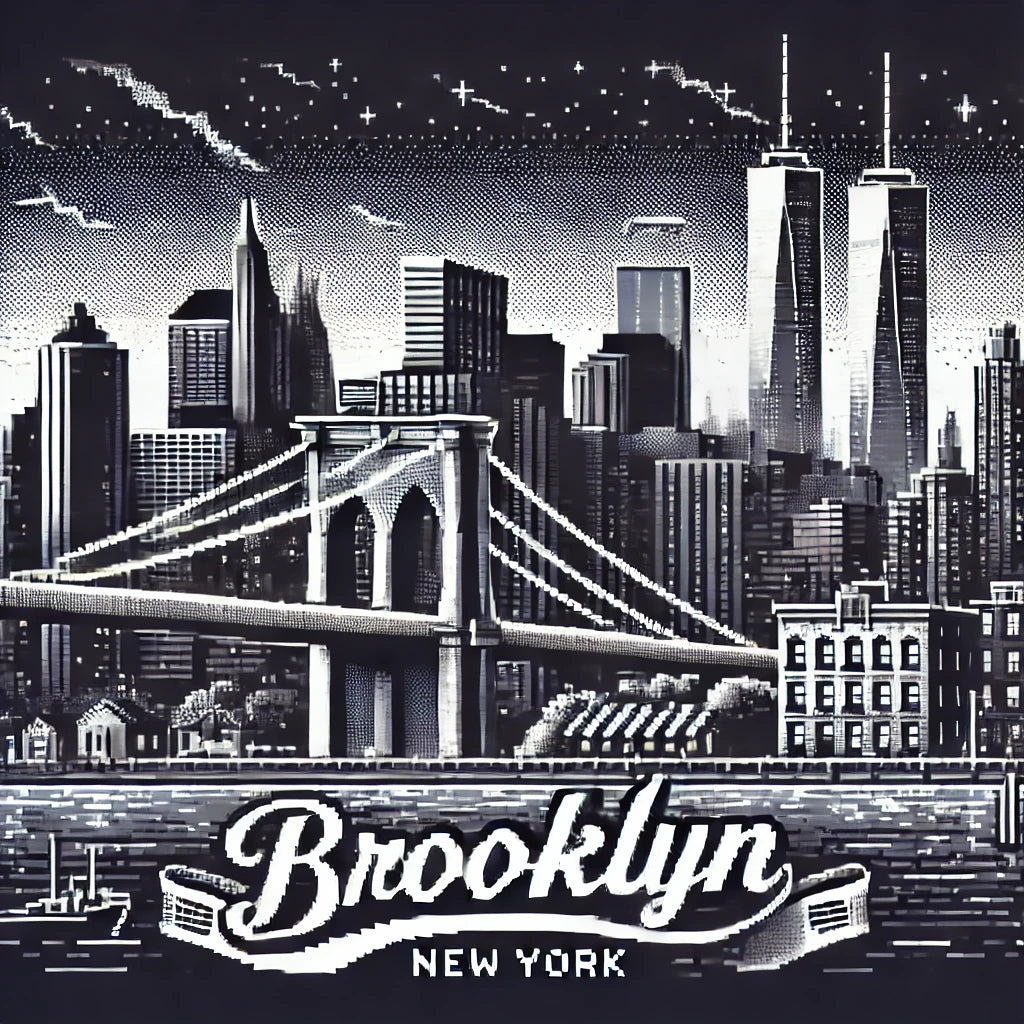 8-bit monochrome Brooklyn skyline featuring the Brooklyn Bridge and old Twin Towers with retro pixel texture.