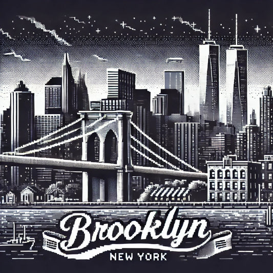 8-bit monochrome Brooklyn skyline featuring the Brooklyn Bridge and old Twin Towers with retro pixel texture.