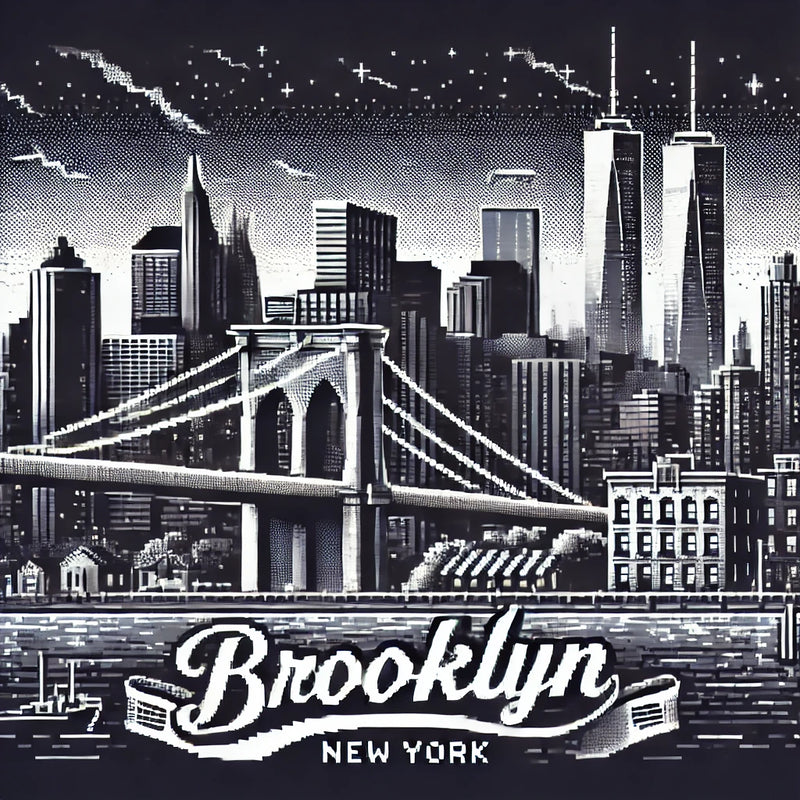 8-bit monochrome Brooklyn skyline featuring the Brooklyn Bridge and old Twin Towers with retro pixel texture.