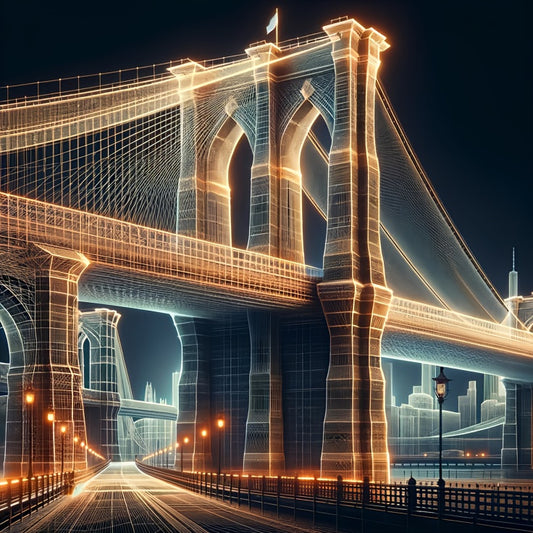 A detailed golden neon wireframe of the Brooklyn Bridge glowing at night, showing futuristic geometric detailing
