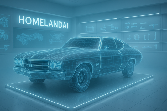 Ice-blue wireframe muscle car displayed in a futuristic design studio with glowing blue lights and blueprint schematics on the wall marked “HOMELANDAI.”