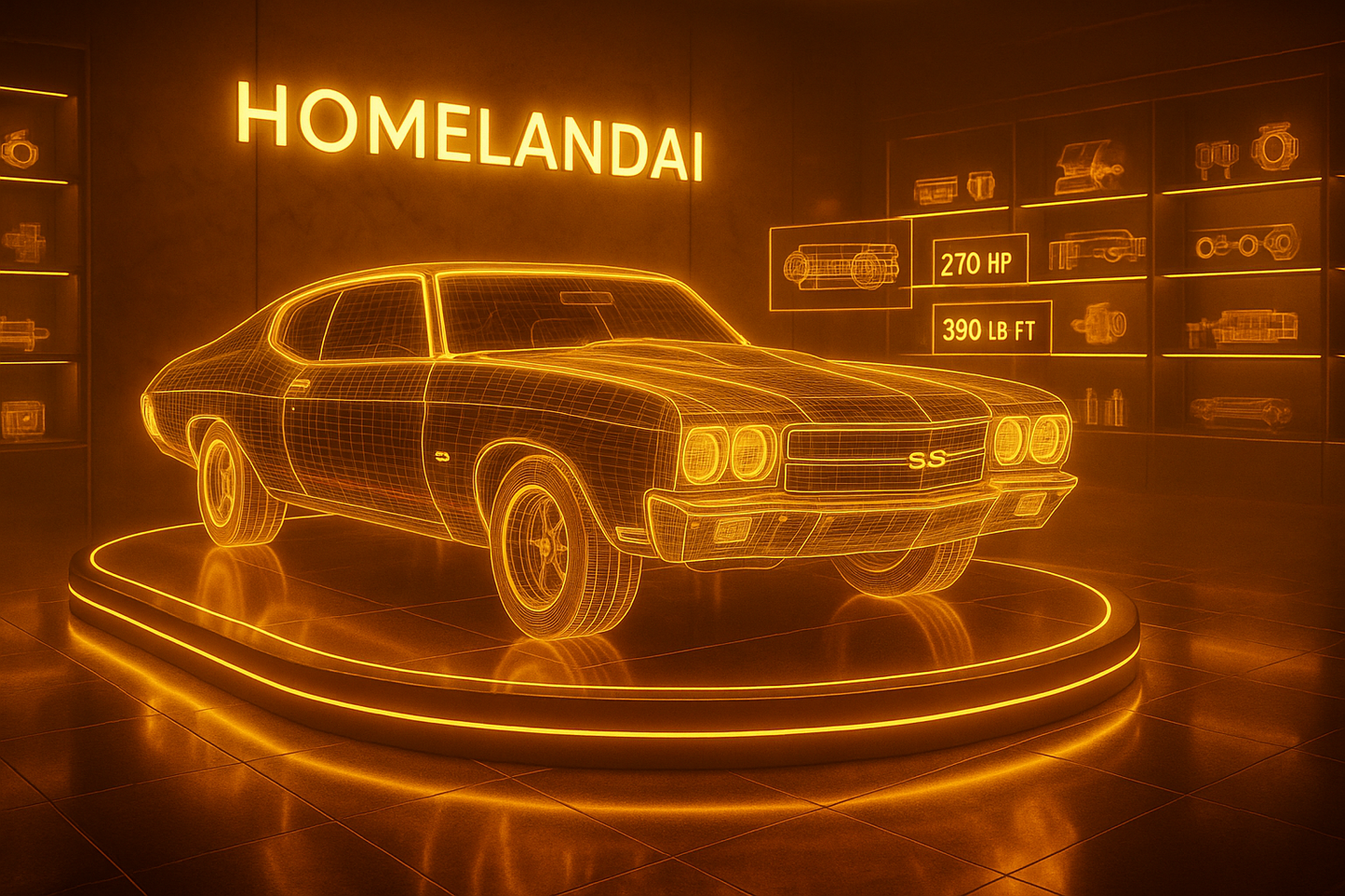 Golden-orange 3D wireframe muscle car glowing inside the HomelandAI lab with floating holographic performance data and neon lighting.