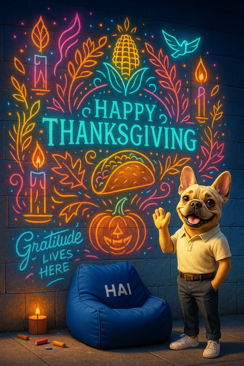 Gratitude Lives Here – Neon Thanksgiving Glow Art Print