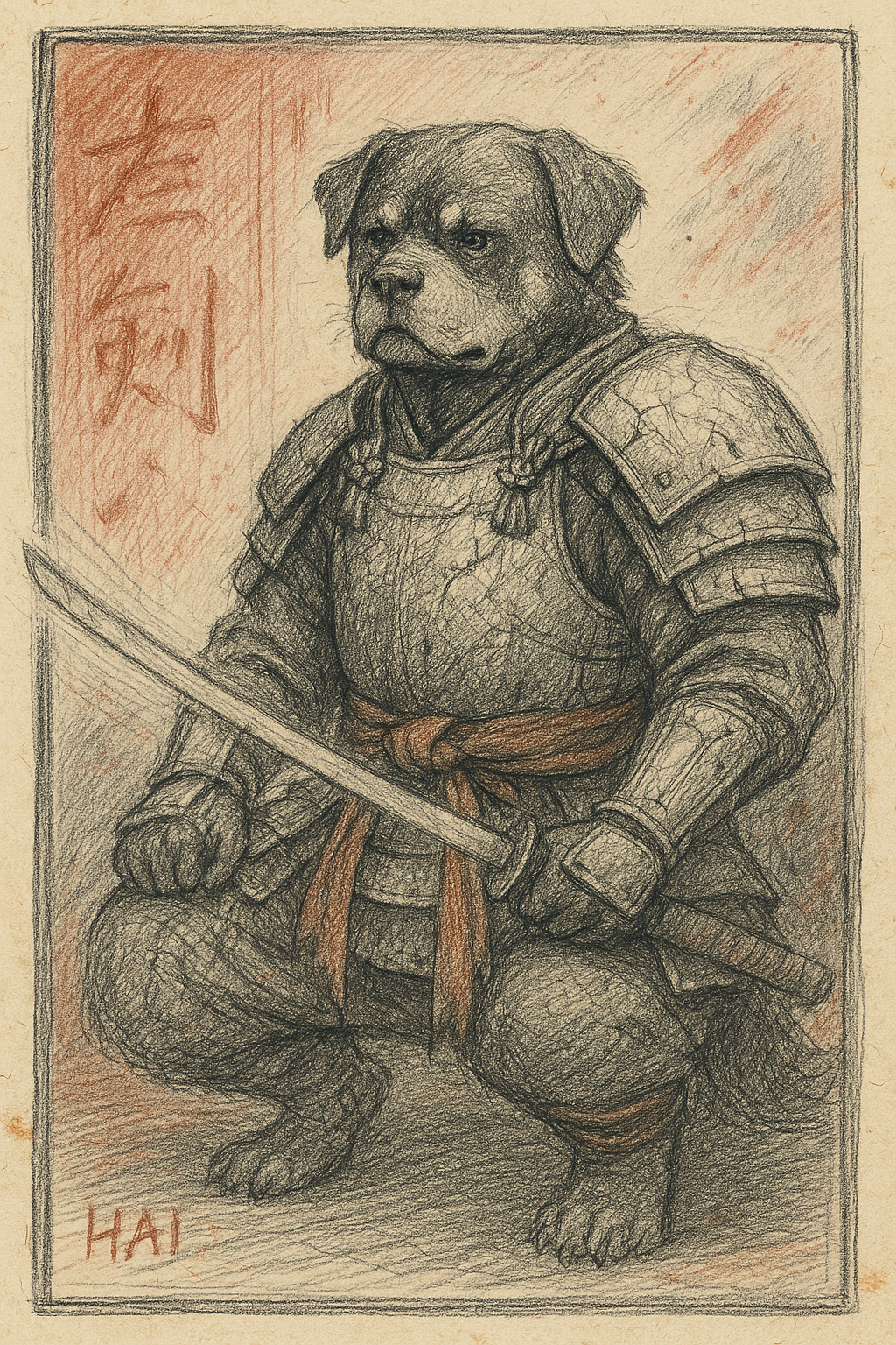 A Rottweiler in full samurai armor kneels with a sword, red background accents suggesting battle and discipline.