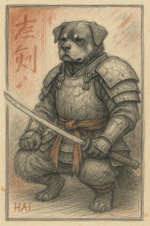 A Rottweiler in full samurai armor kneels with a sword, red background accents suggesting battle and discipline.