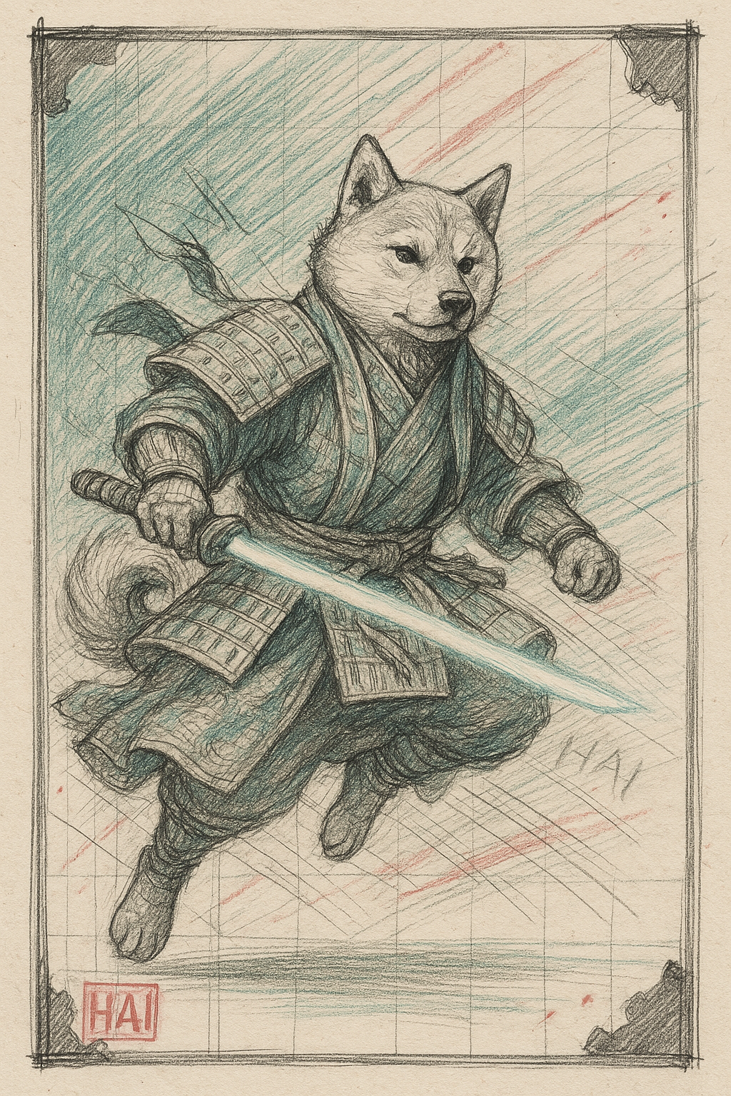 A Shiba Inu dressed as a samurai leaps forward with a glowing sword in hand, depicted in sketch-like motion.