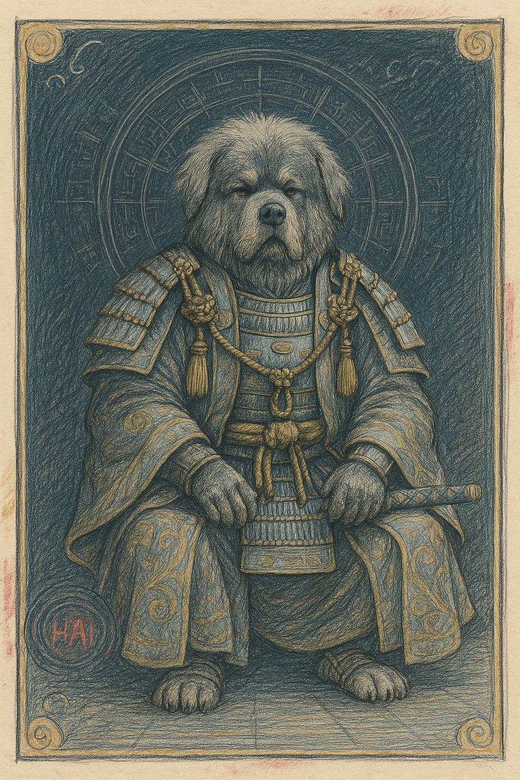 A majestic dog dressed as a samurai sits in full traditional armor, surrounded by intricate circular patterns.