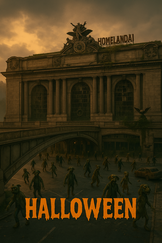 A dark cinematic image of Grand Central Terminal with a HomelandAI sign on top, filled with zombie-like dogs wandering under a smoky orange sky.