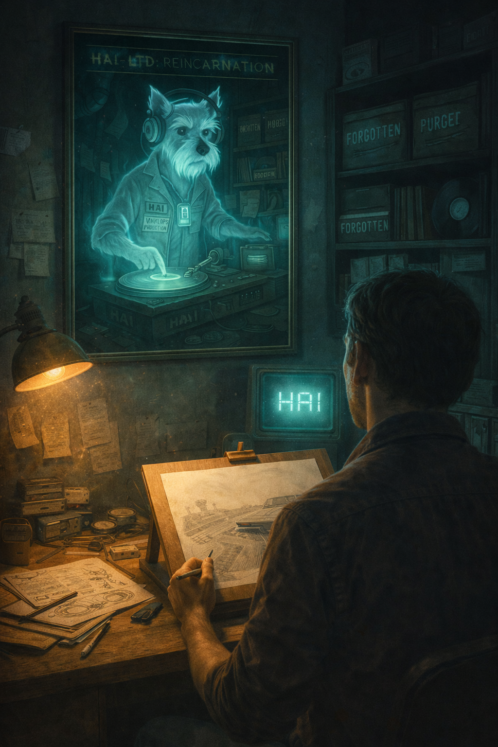 Man sitting at a desk in a dimly lit room with a glowing screen displaying a dog's face and the word 'HAI'.