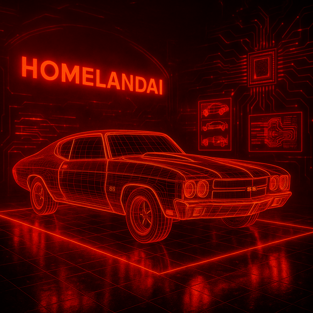 Red neon wireframe car with 'HOMELANDAI' sign in the background