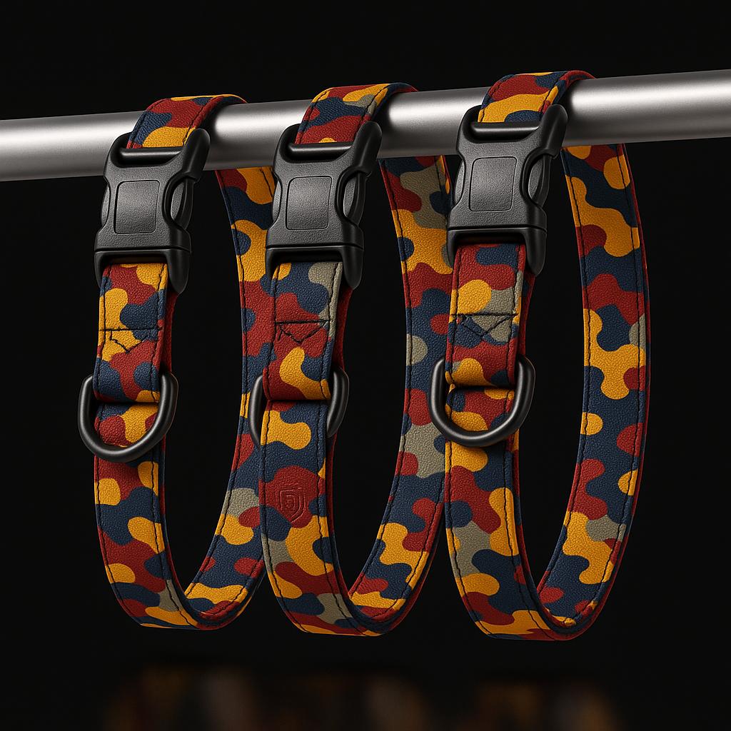 Three colorful dog collars with a geometric pattern hanging on a metal bar against a black background.