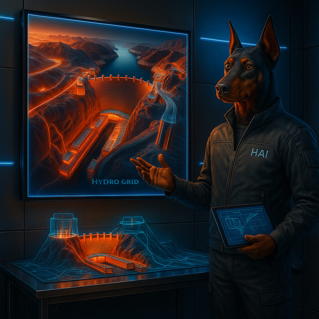 Person in a dark room interacting with holographic energy diagrams on a screen.