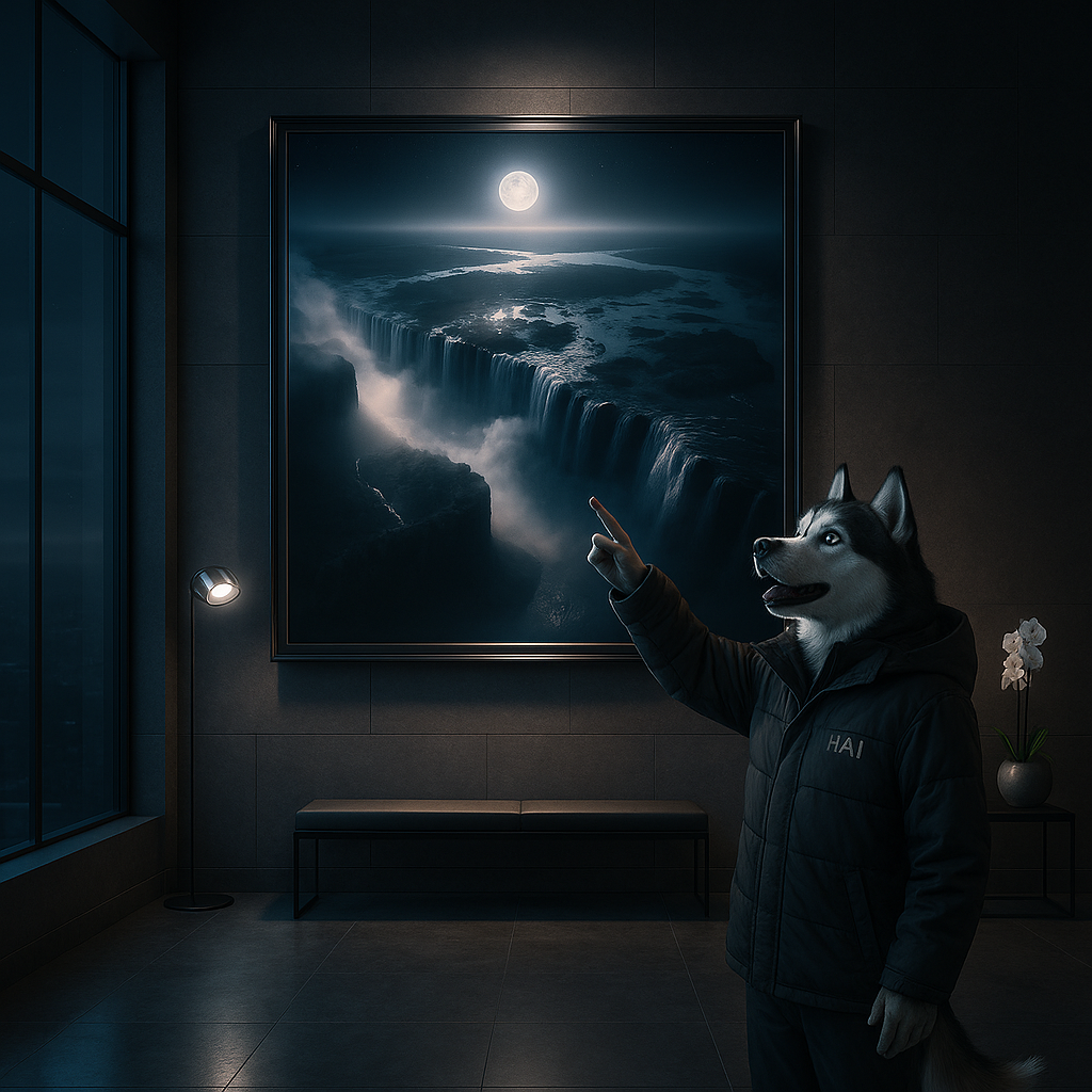 Person wearing a dog mask pointing at a large framed landscape painting of a moonlit waterfall.