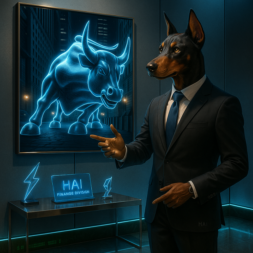 Dog in a suit pointing at a neon bull sign in an office setting