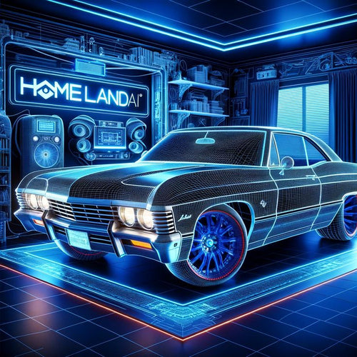 Neon blue 3D wireframe render of a classic Chevy Impala displayed in a futuristic HomelandAI garage with glowing lights and digital schematics on the walls