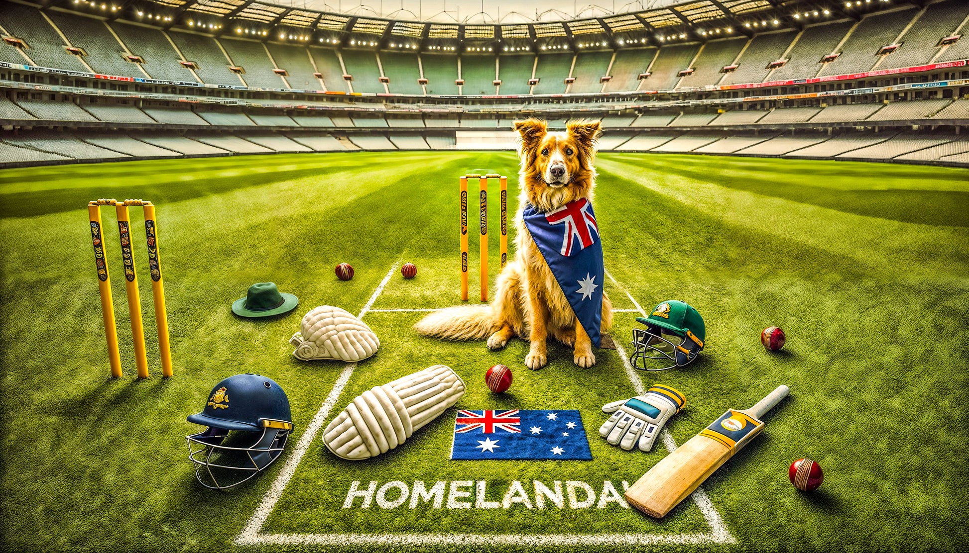 A digital image featuring an Australian Border Collie with an Australian flag cape, surrounded by cricket gear including a bat, stumps, helmets, gloves, and pads on a cricket field with 'HOMELANDA' text on the grass.