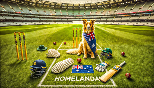A digital image featuring an Australian Border Collie with an Australian flag cape, surrounded by cricket gear including a bat, stumps, helmets, gloves, and pads on a cricket field with 'HOMELANDA' text on the grass.