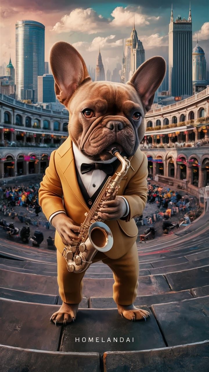 A French Bulldog wearing a mustard-colored tuxedo plays a saxophone in a grand city plaza with skyscrapers in the background.