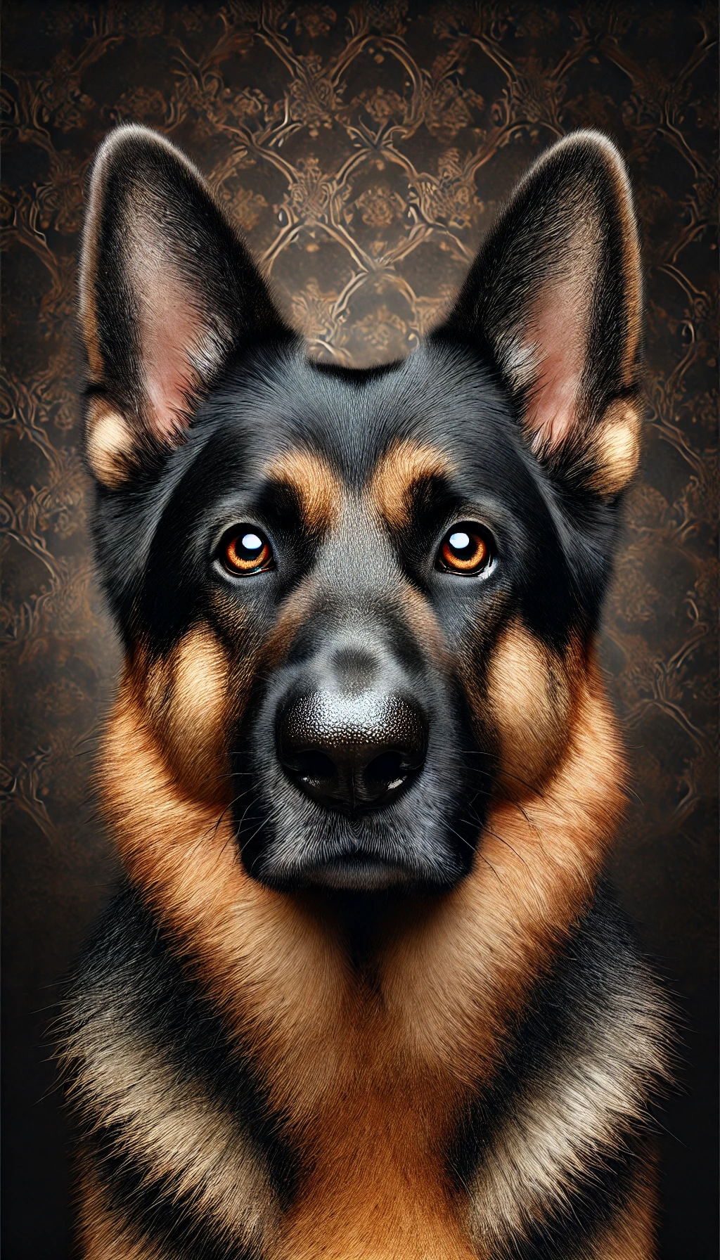 Ultra-definition close-up portrait of a German Shepherd with detailed fur, amber eyes, and a vintage dark embossed background