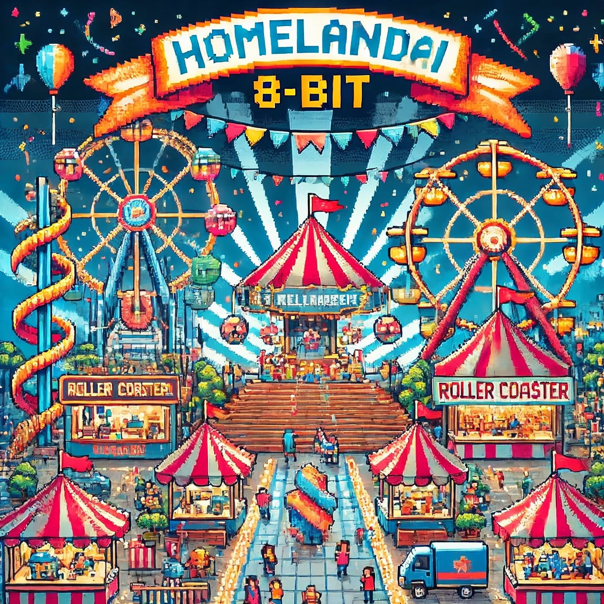 Vibrant 8-bit carnival scene featuring Ferris wheels, roller coasters, and tents glowing in pixelated neon colors with a “HomelandAI 8-Bit” banner overhead.
