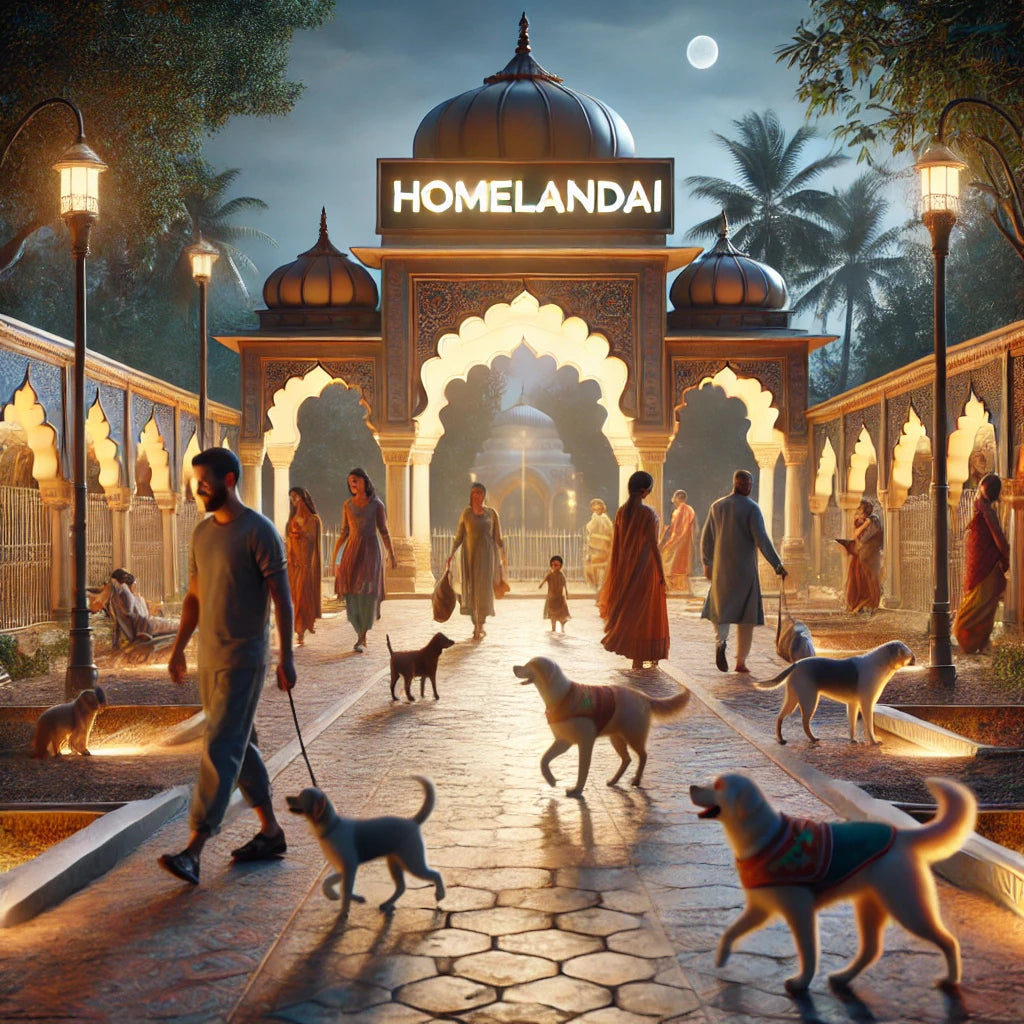 Moonlit Mughal-inspired dog park scene with families and dogs under glowing lanterns.