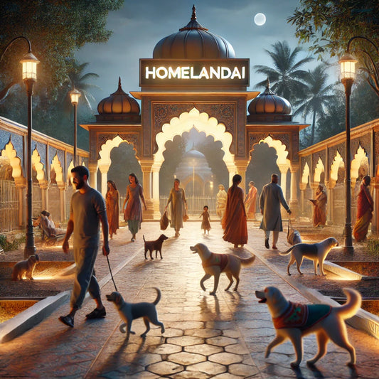 Moonlit Mughal-inspired dog park scene with families and dogs under glowing lanterns.