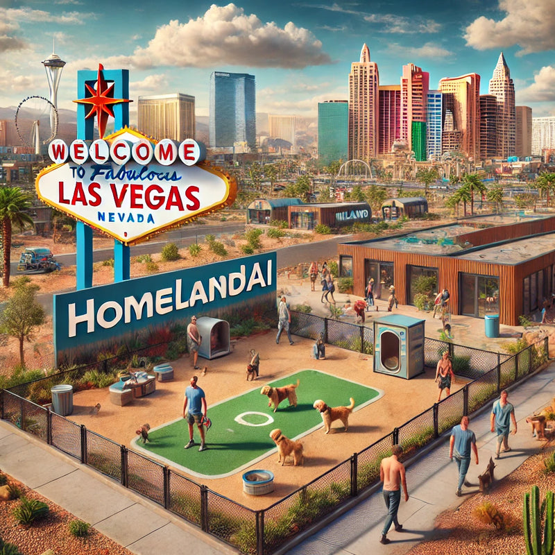 Colorful Las Vegas city skyline with the iconic Las Vegas sign and a lively HomelandAI dog park scene in the foreground