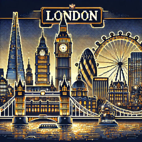 8-bit golden London skyline including Big Ben, Tower Bridge, the London Eye, and the Shard reflected in the river.