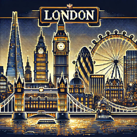 8-bit golden London skyline including Big Ben, Tower Bridge, the London Eye, and the Shard reflected in the river.