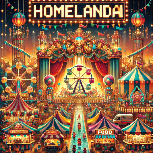 Golden 8-bit night carnival with glowing tents, Ferris wheels, and lights reflecting off the midway under the bright “HomelandAI” sign.