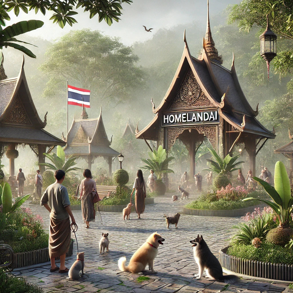 Tropical Thai temple-style dog park with families walking dogs in lush greenery.