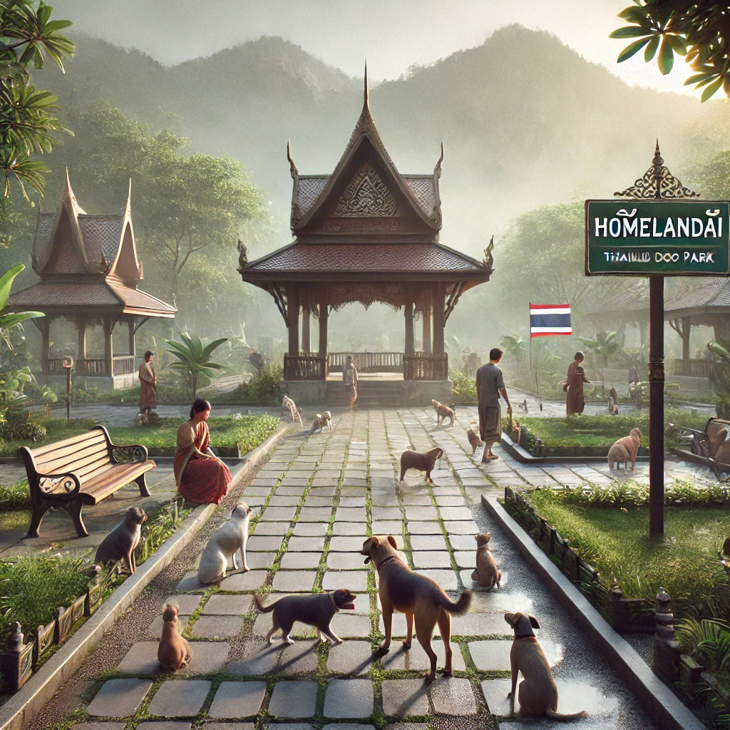 Cinematic Thailand dog park scene featuring traditional Thai pavilions, misty mountains, tropical plants, and people walking dogs