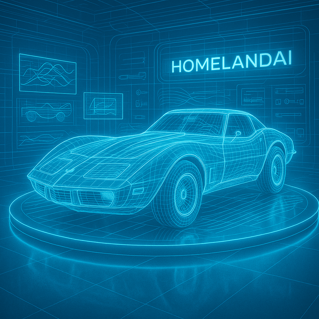 Blue wireframe render of a 1977 Corvette L82 in a digital HomelandAI laboratory with glowing grid floor.