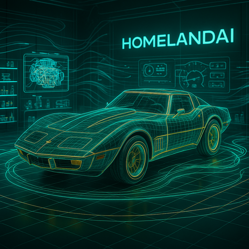 Neon turquoise wireframe render of a 1977 Corvette L82 displayed inside a futuristic HomelandAI tech lab